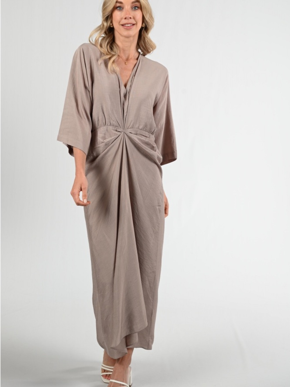 Taupe Grey Twist-Front Maxi Dress